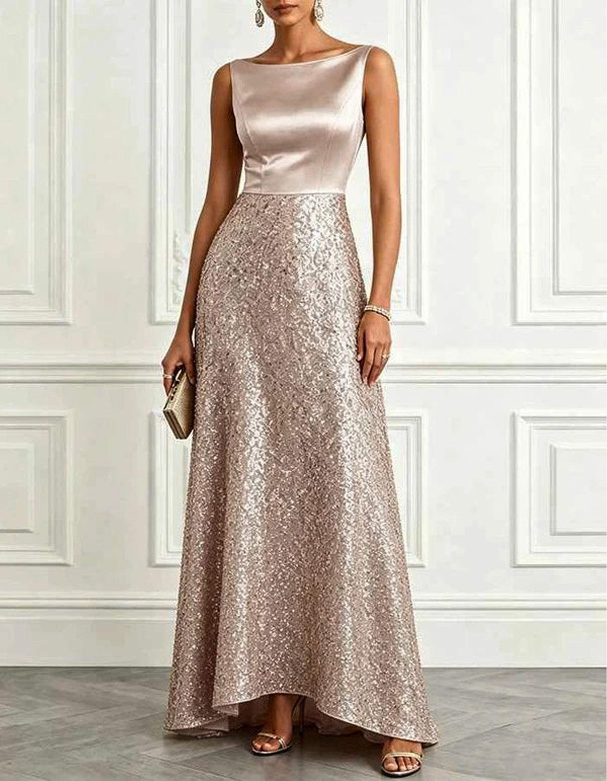 Champagne Colored Satin Sequined Sleeveless Maxi Dress