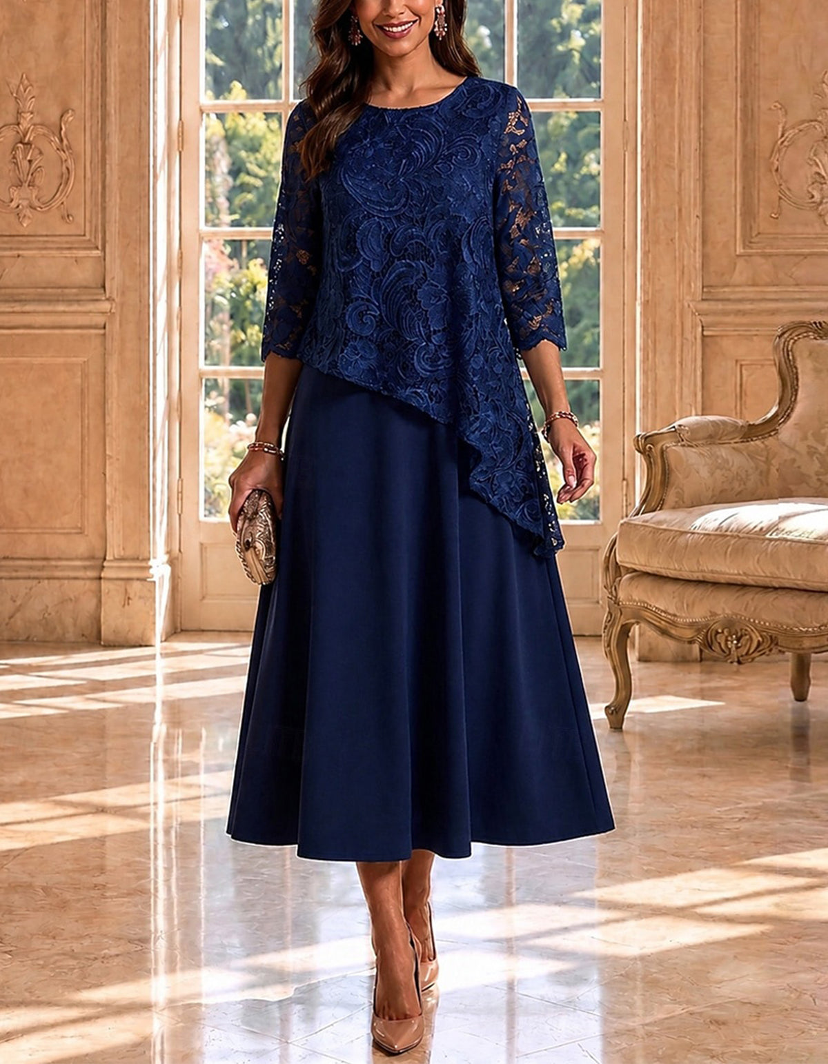Navy Blue Lace Layered Chiffon Midi Dress