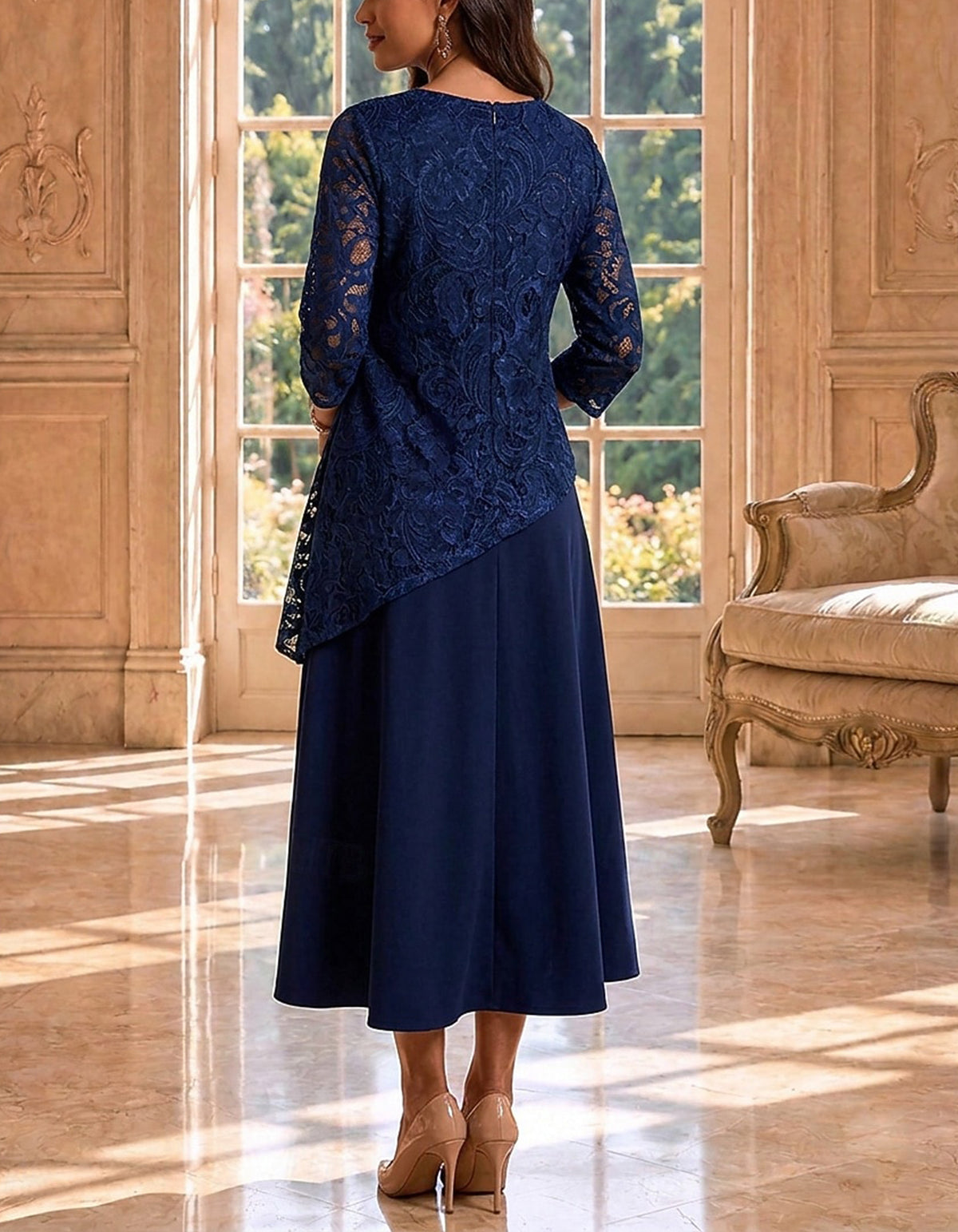Navy Blue Lace Layered Chiffon Midi Dress