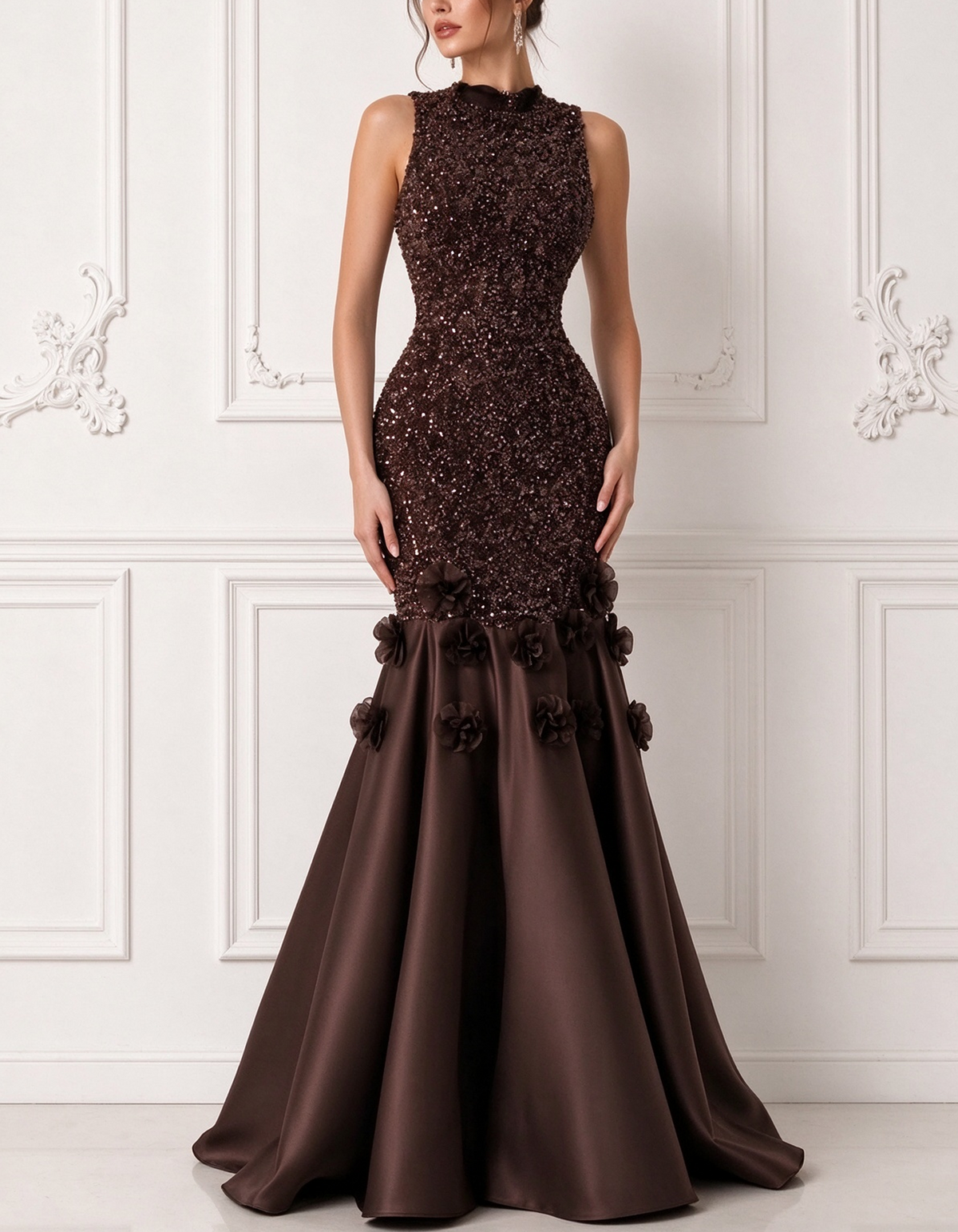 High Neck Sleeveless Sequin 3D Flower Satin Mermaid Maxi Dress