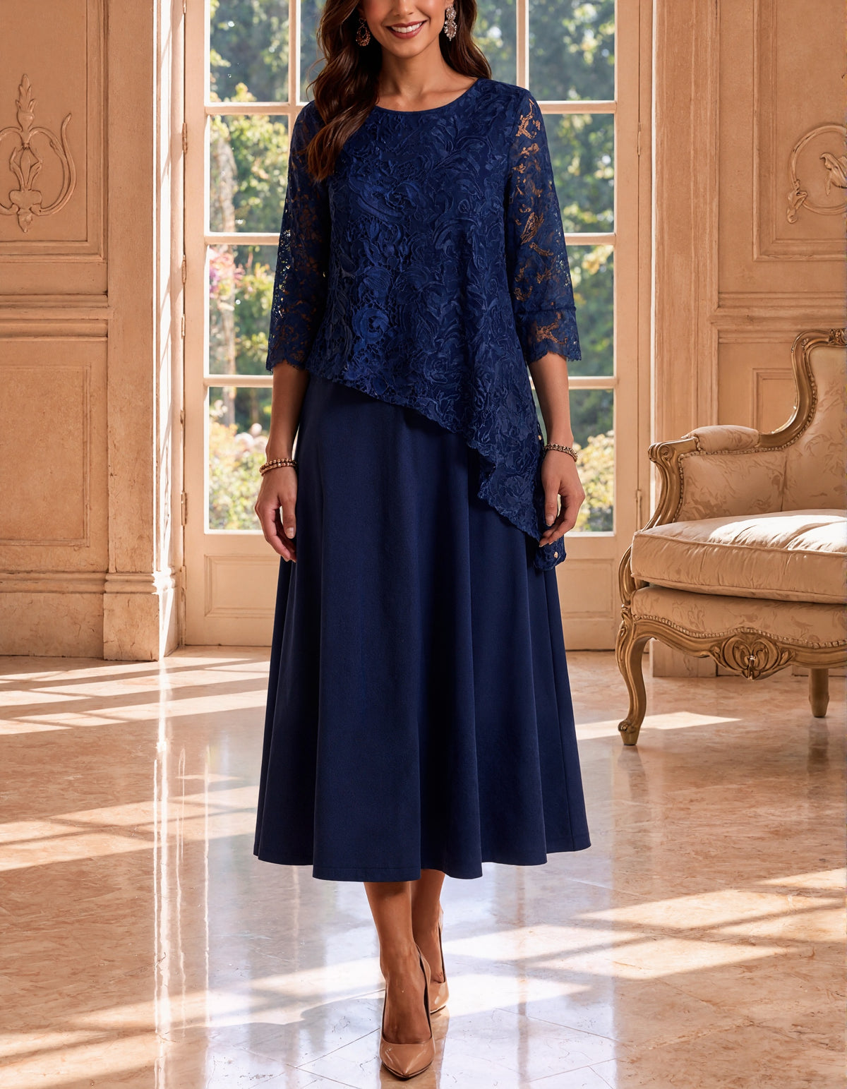 Navy Blue Lace Layered Chiffon Midi Dress