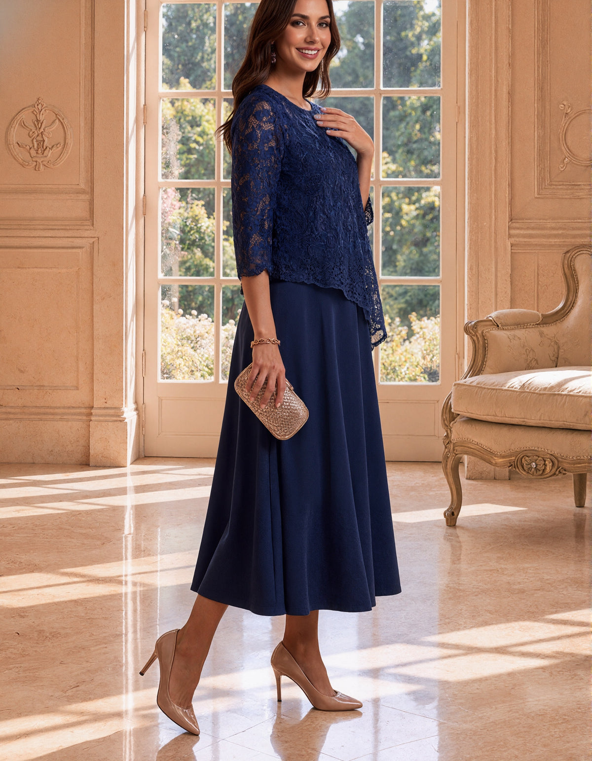 Navy Blue Lace Layered Chiffon Midi Dress