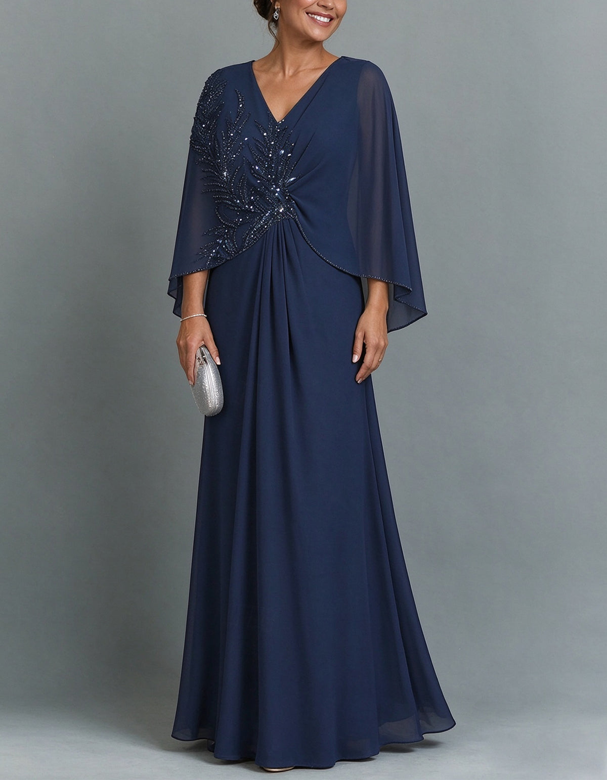 Navy Blue V-Neck Chiffon Maxi Dress