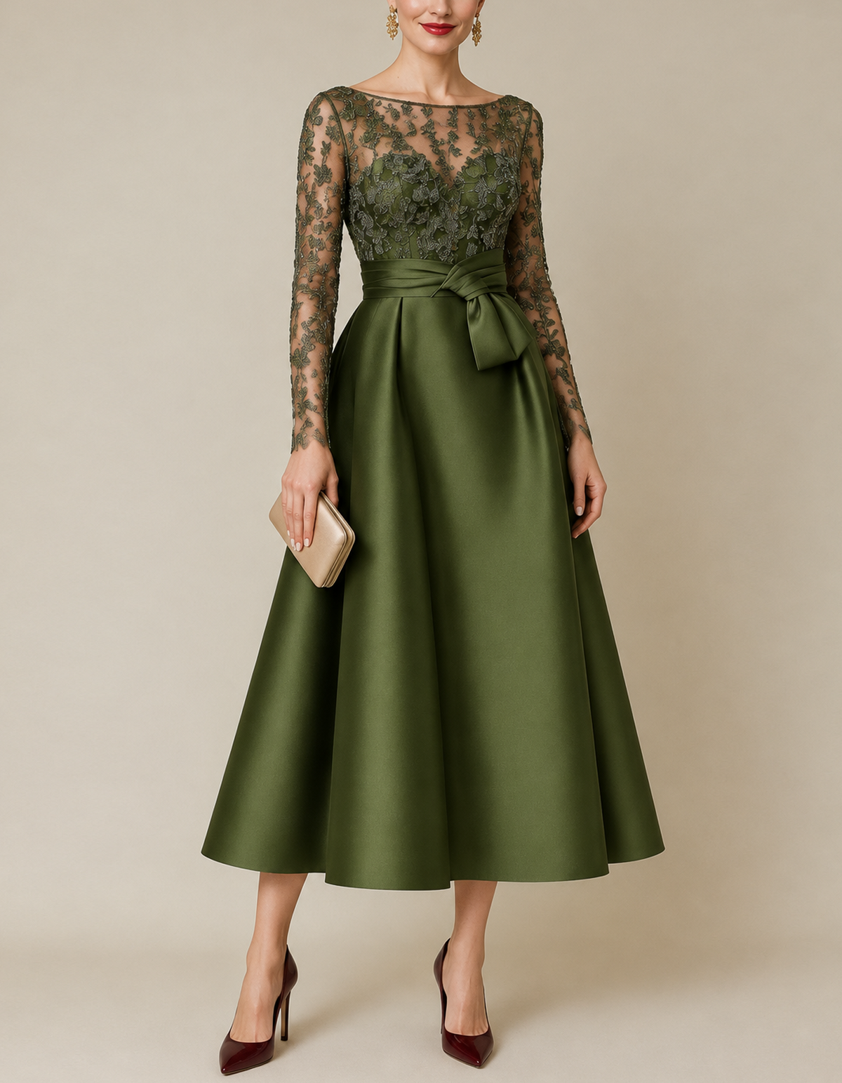 Floral Lace Illusion Boat Neck Satin Midi Dress