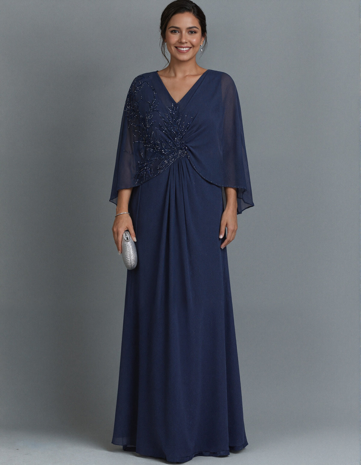 Navy Blue V-Neck Chiffon Maxi Dress