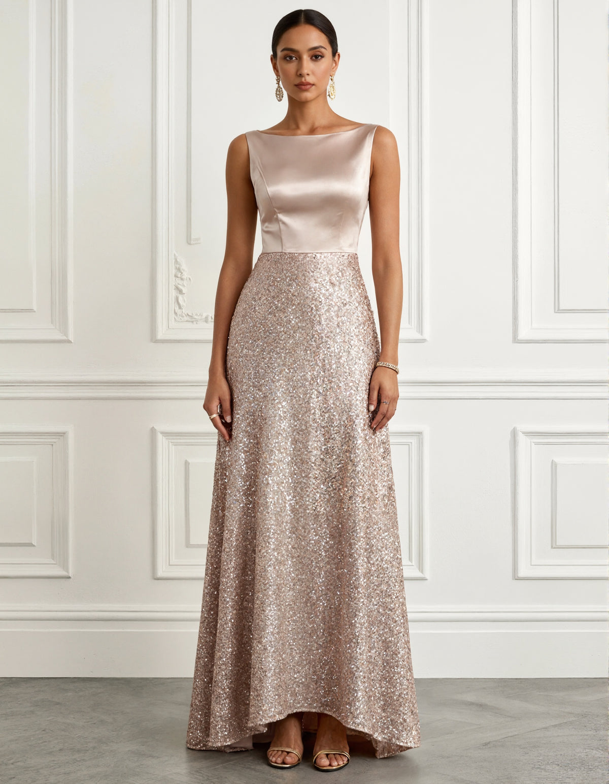 Champagne Colored Satin Sequined Sleeveless Maxi Dress