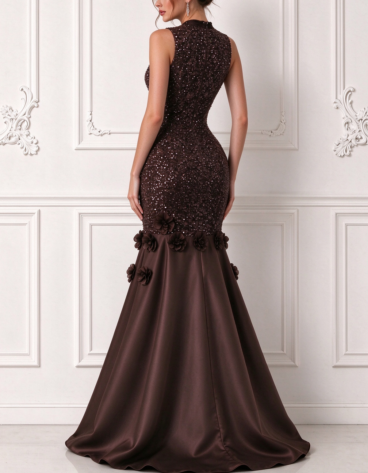 High Neck Sleeveless Sequin 3D Flower Satin Mermaid Maxi Dress