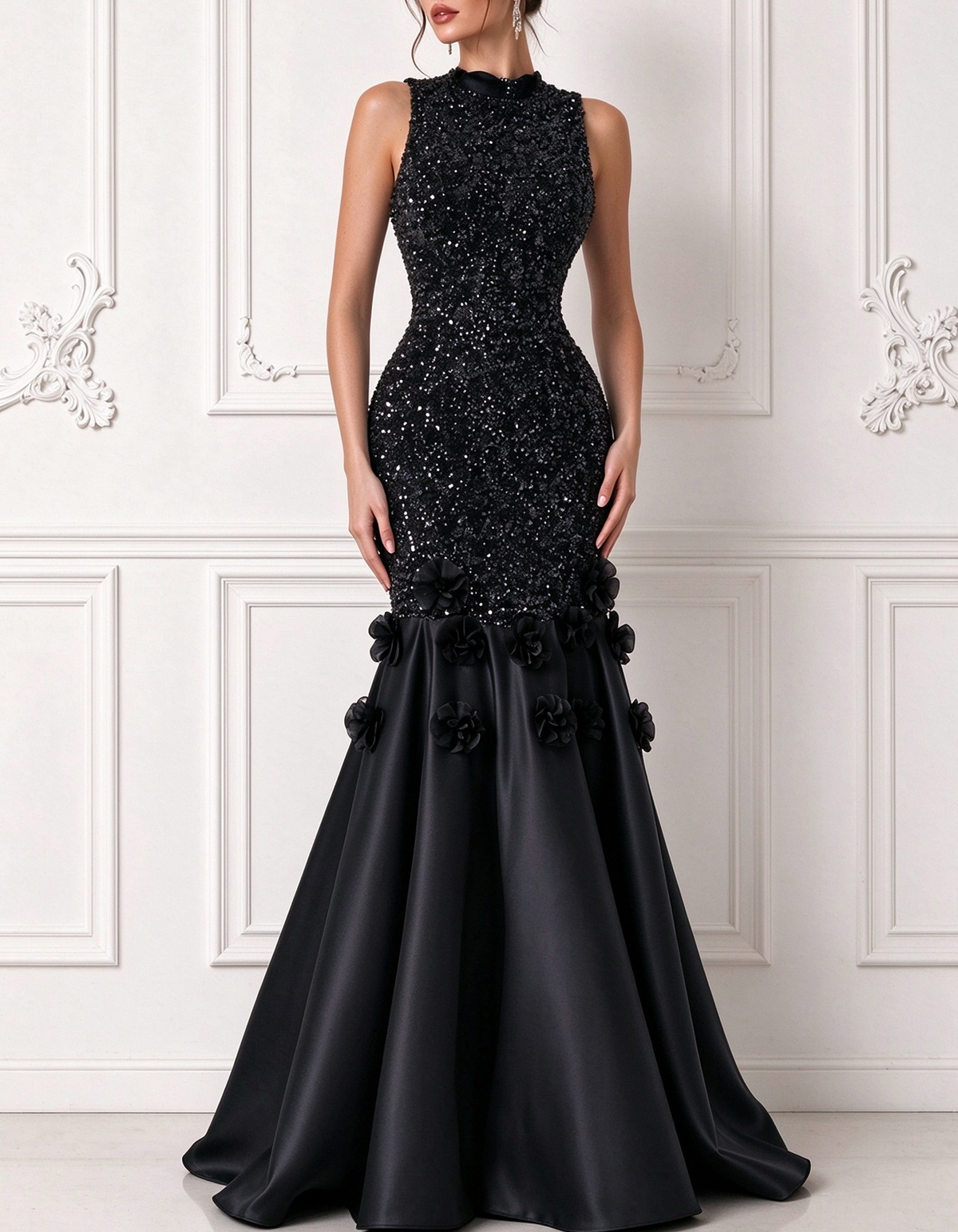 High Neck Sleeveless Sequin 3D Flower Satin Mermaid Maxi Dress