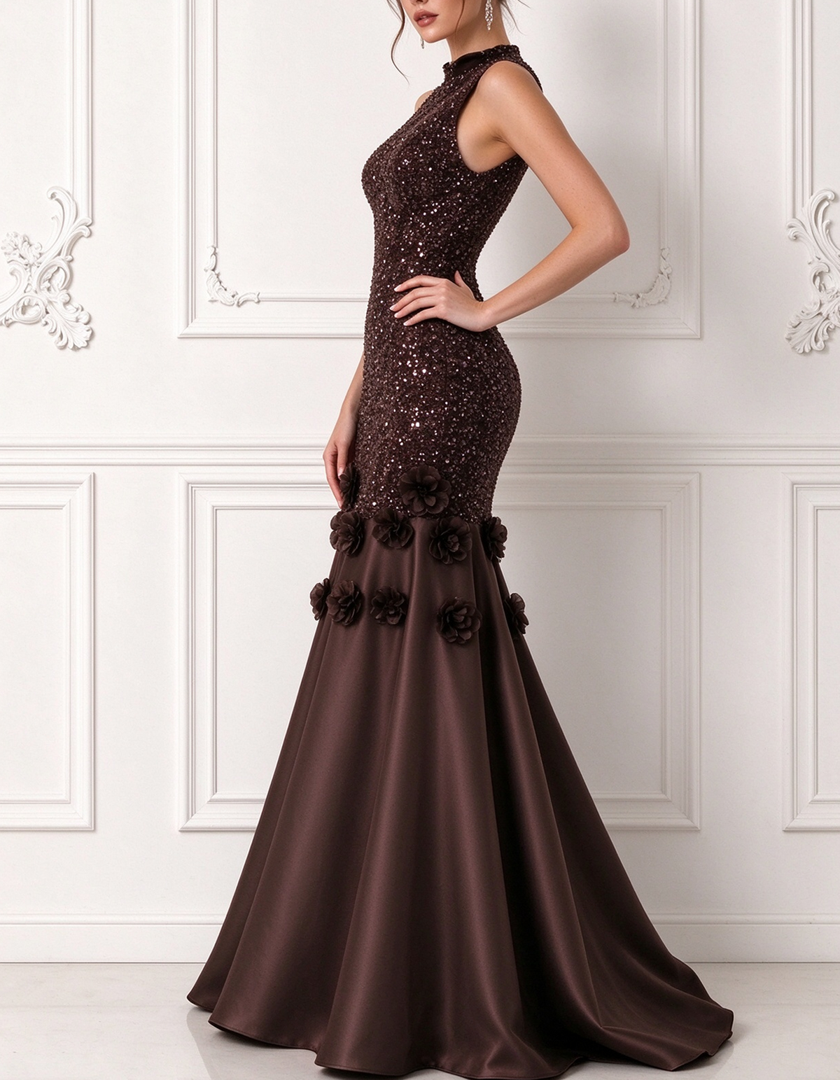 High Neck Sleeveless Sequin 3D Flower Satin Mermaid Maxi Dress