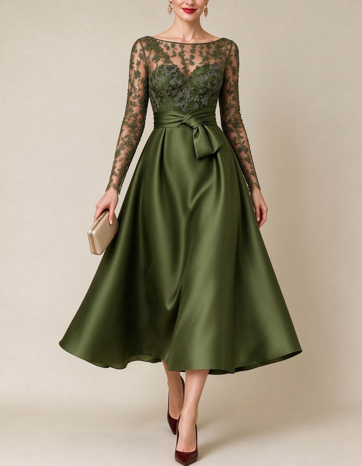 Floral Lace Illusion Boat Neck Satin Midi Dress