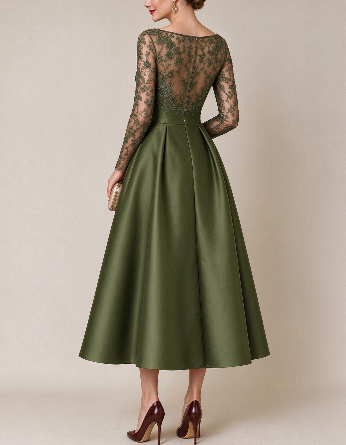 Floral Lace Illusion Boat Neck Satin Midi Dress