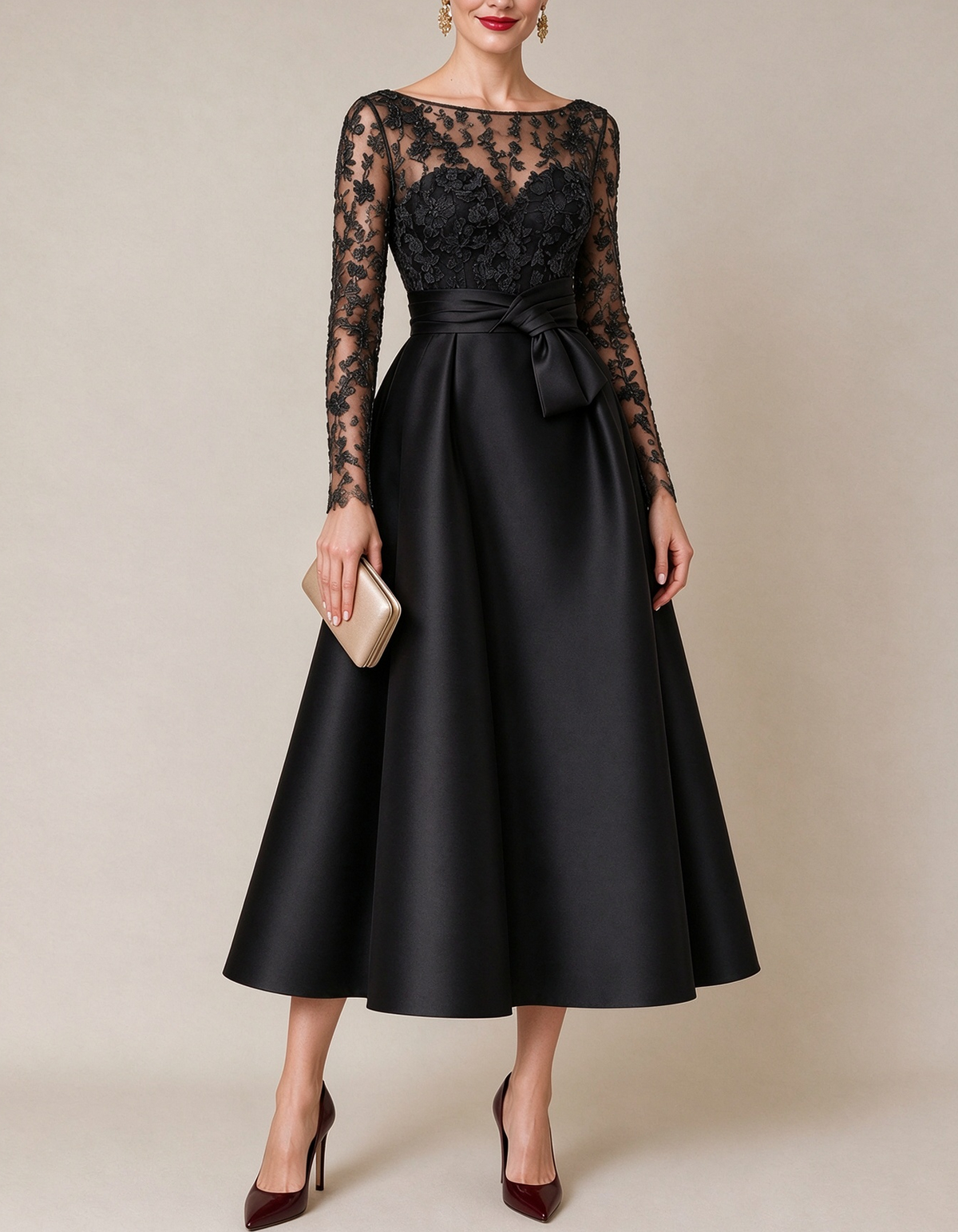 Floral Lace Illusion Boat Neck Satin Midi Dress