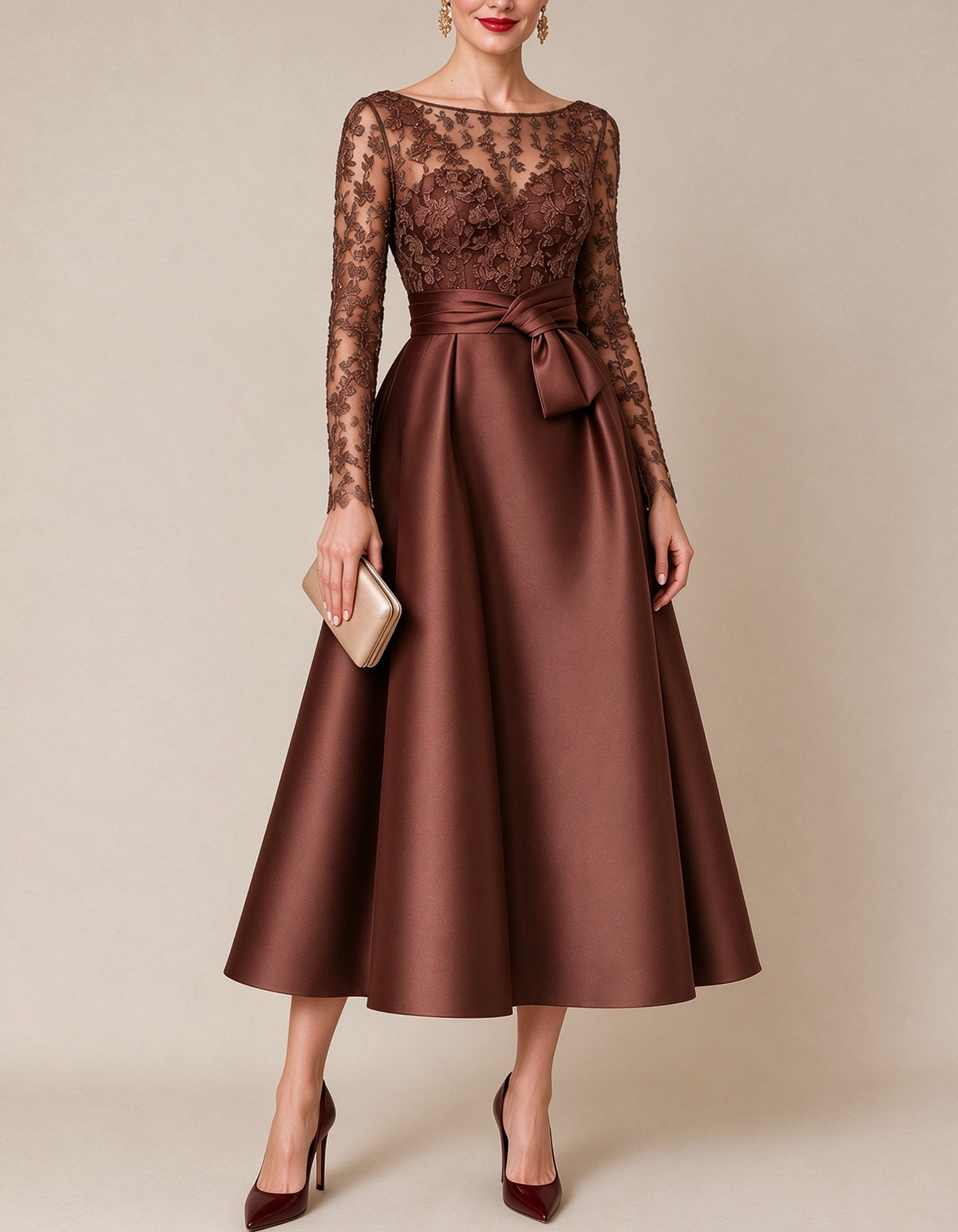 Floral Lace Illusion Boat Neck Satin Midi Dress