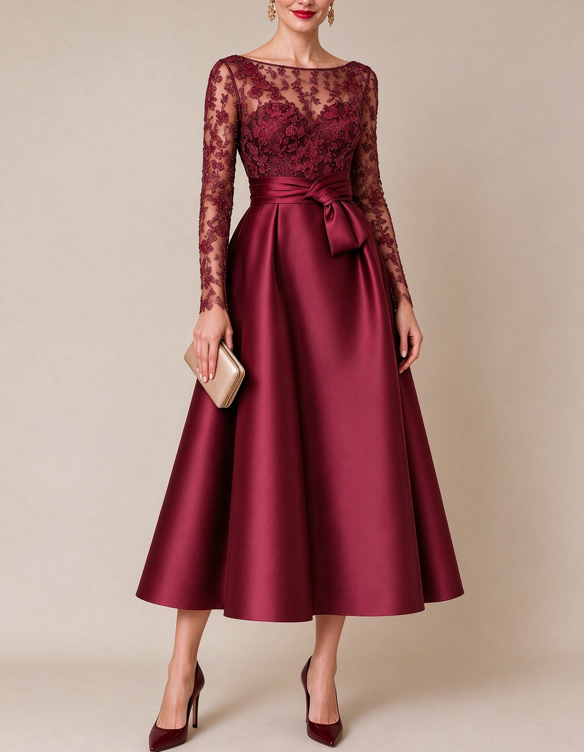 Floral Lace Illusion Boat Neck Satin Midi Dress