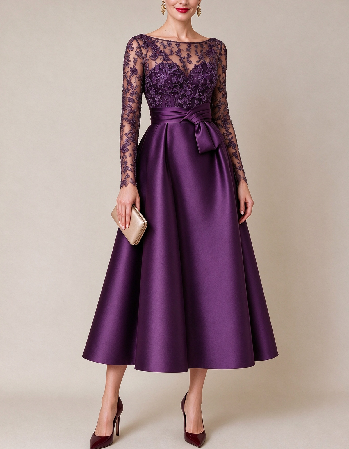 Floral Lace Illusion Boat Neck Satin Midi Dress