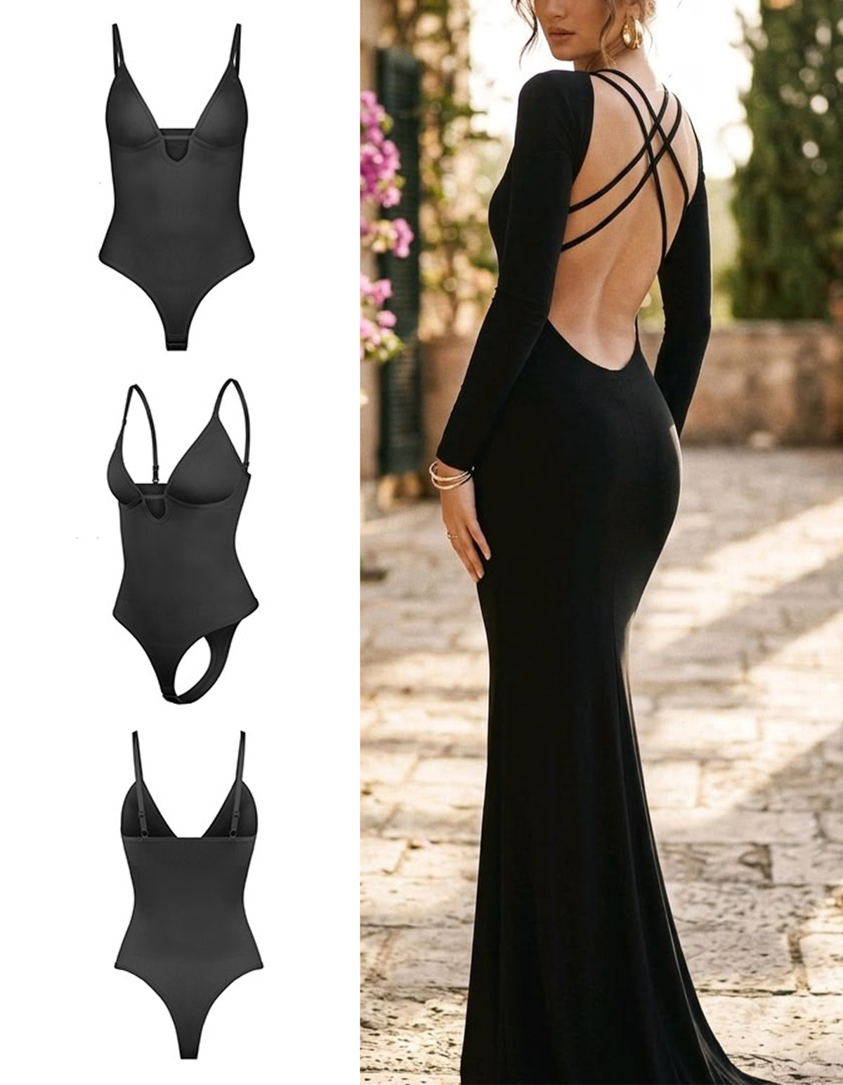 Solid Color V-Neck Push Up Open Crotch Shapewear Bodysuit