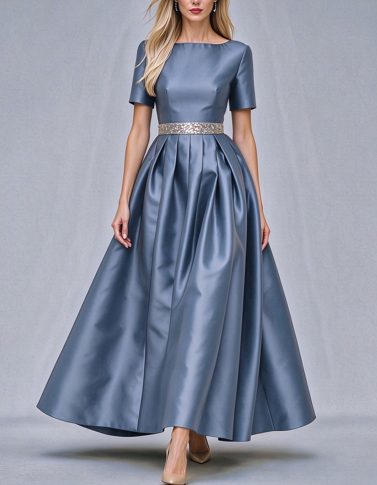 Boat Neck Short Sleeve Satin Maxi Dress