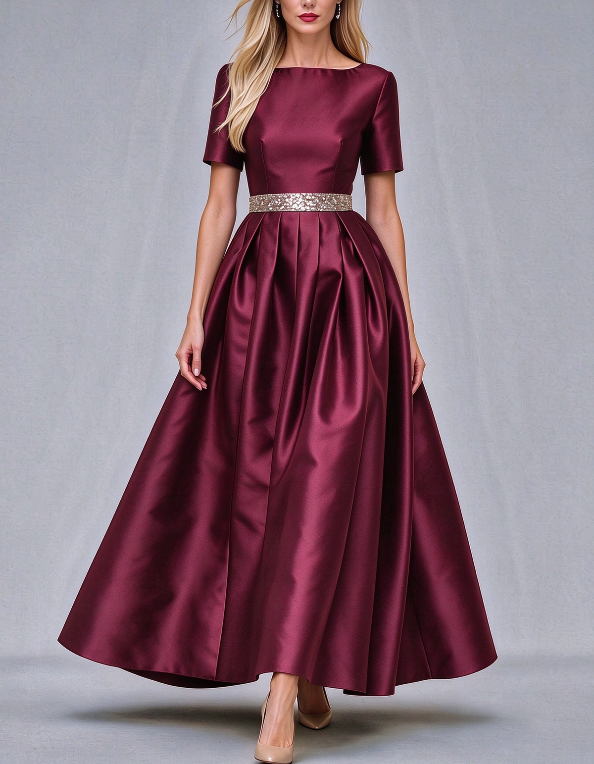 Boat Neck Short Sleeve Satin Maxi Dress
