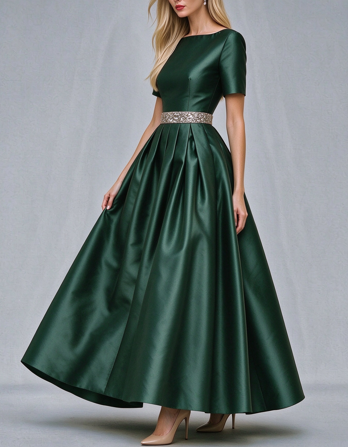 Boat Neck Short Sleeve Satin Maxi Dress