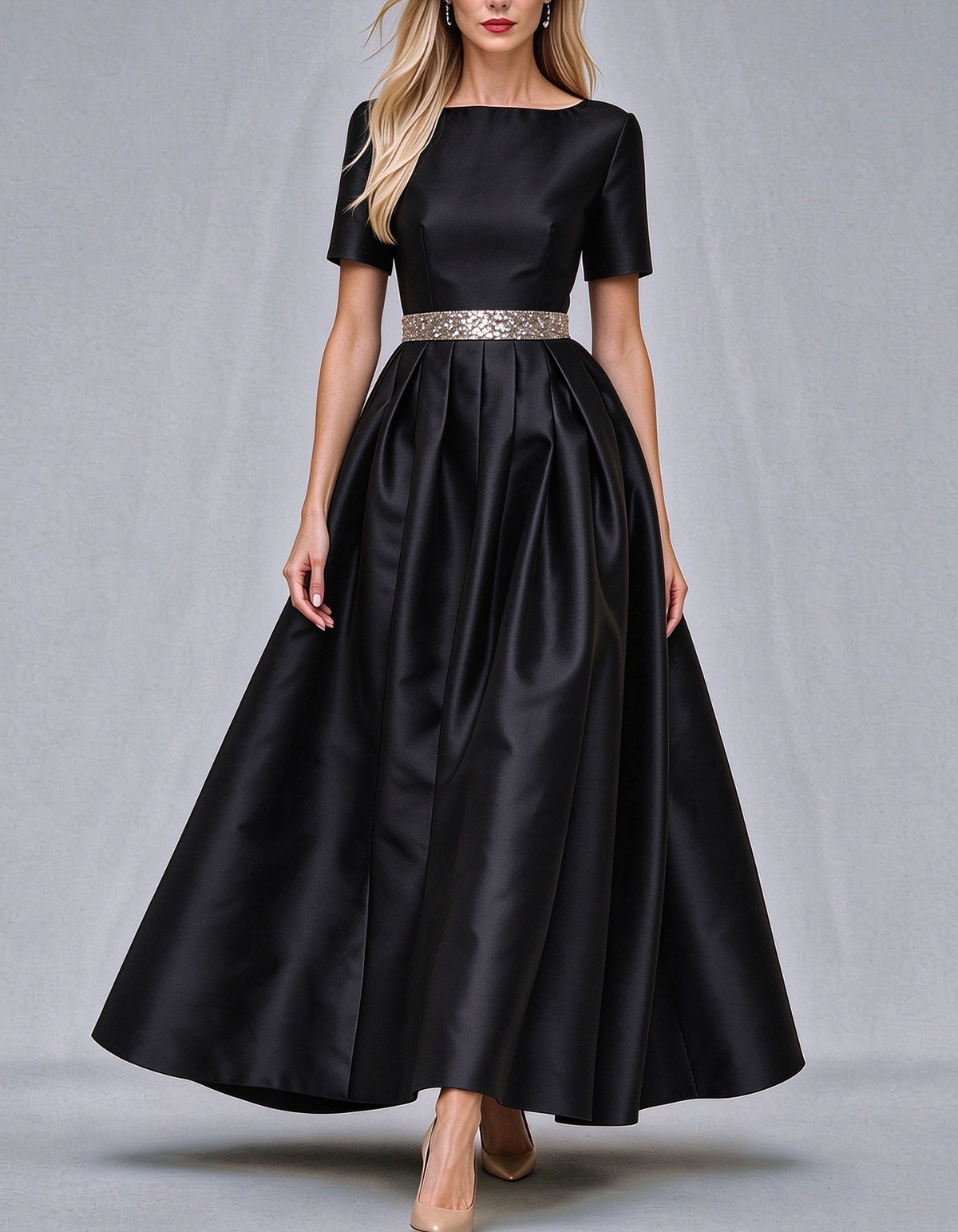 Boat Neck Short Sleeve Satin Maxi Dress