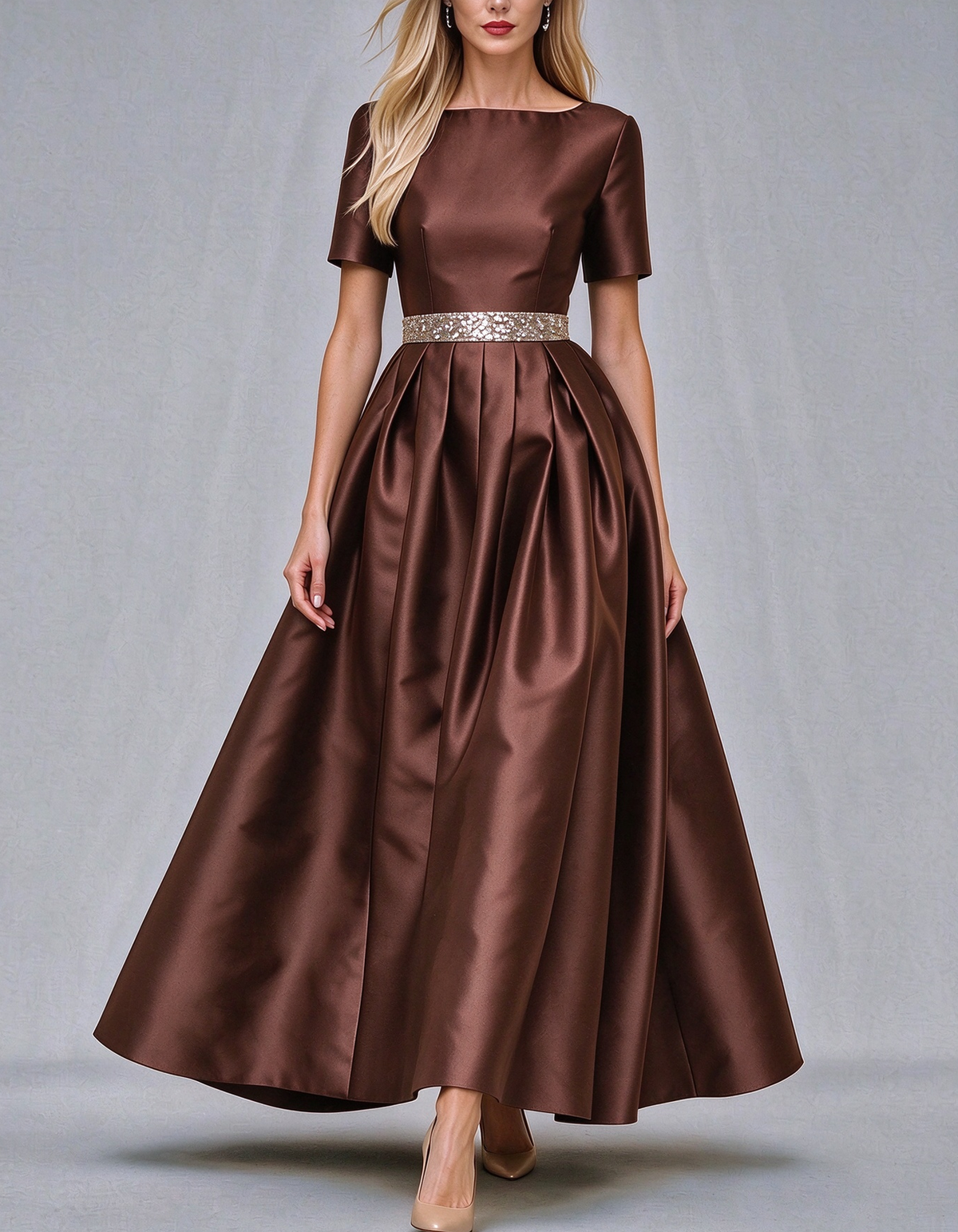 Boat Neck Short Sleeve Satin Maxi Dress