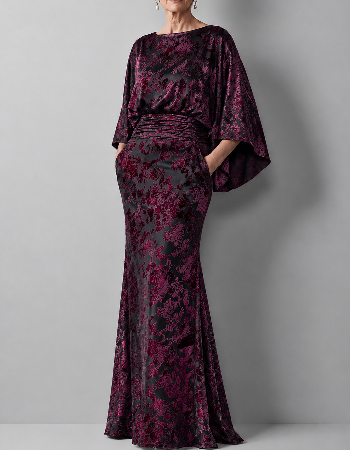 Batwing Sleeve Ruched Waist Floral Velvet Jacquard Maxi Dress