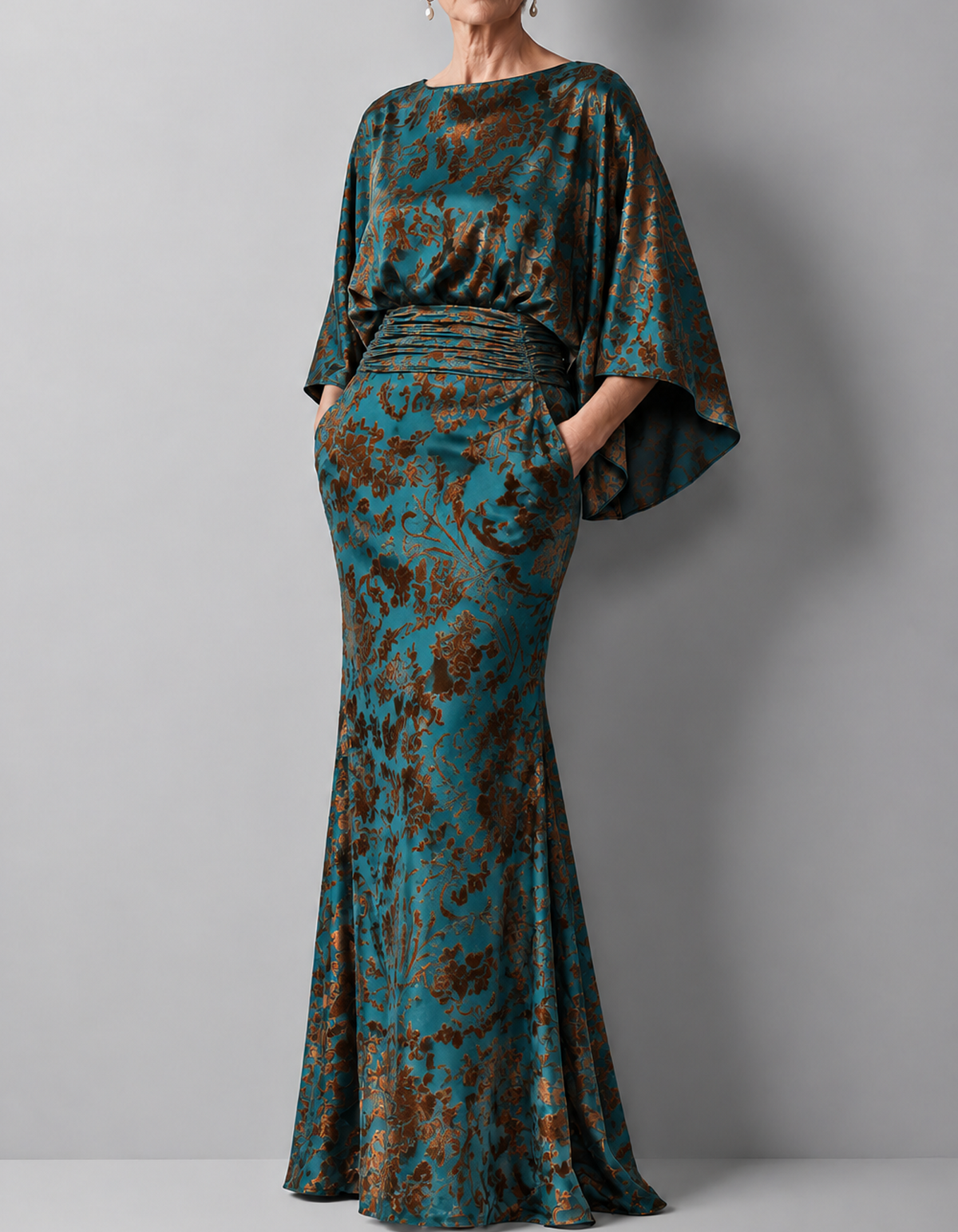 Batwing Sleeve Ruched Waist Floral Velvet Jacquard Maxi Dress