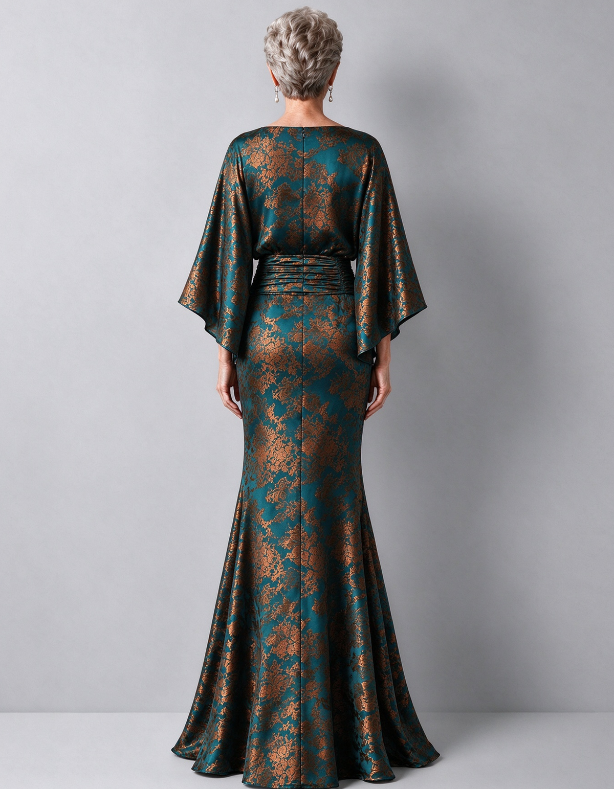 Batwing Sleeve Ruched Waist Floral Velvet Jacquard Maxi Dress