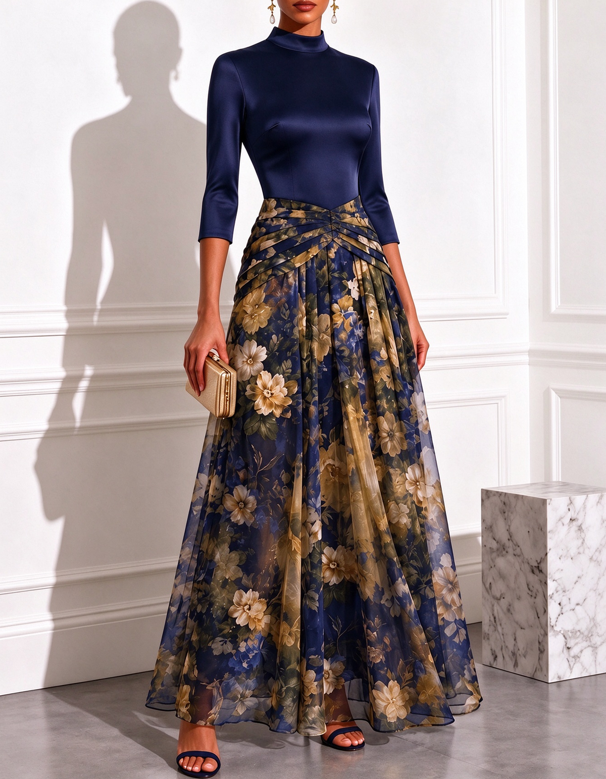 High Neck 3/4 Sleeve Satin Chiffon Floral Print A-Line Maxi Dress