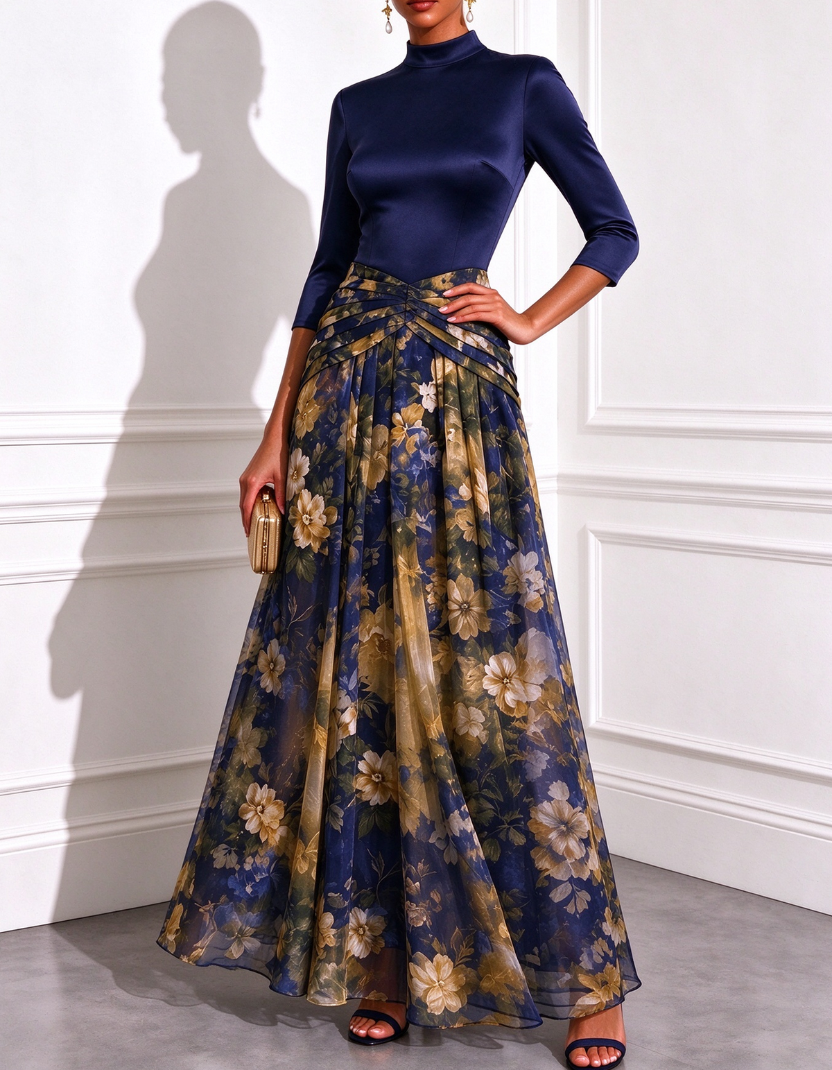 High Neck 3/4 Sleeve Satin Chiffon Floral Print A-Line Maxi Dress