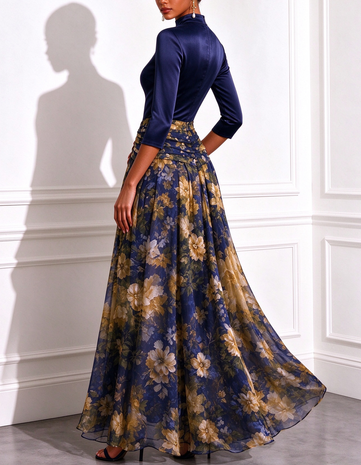 High Neck 3/4 Sleeve Satin Chiffon Floral Print A-Line Maxi Dress