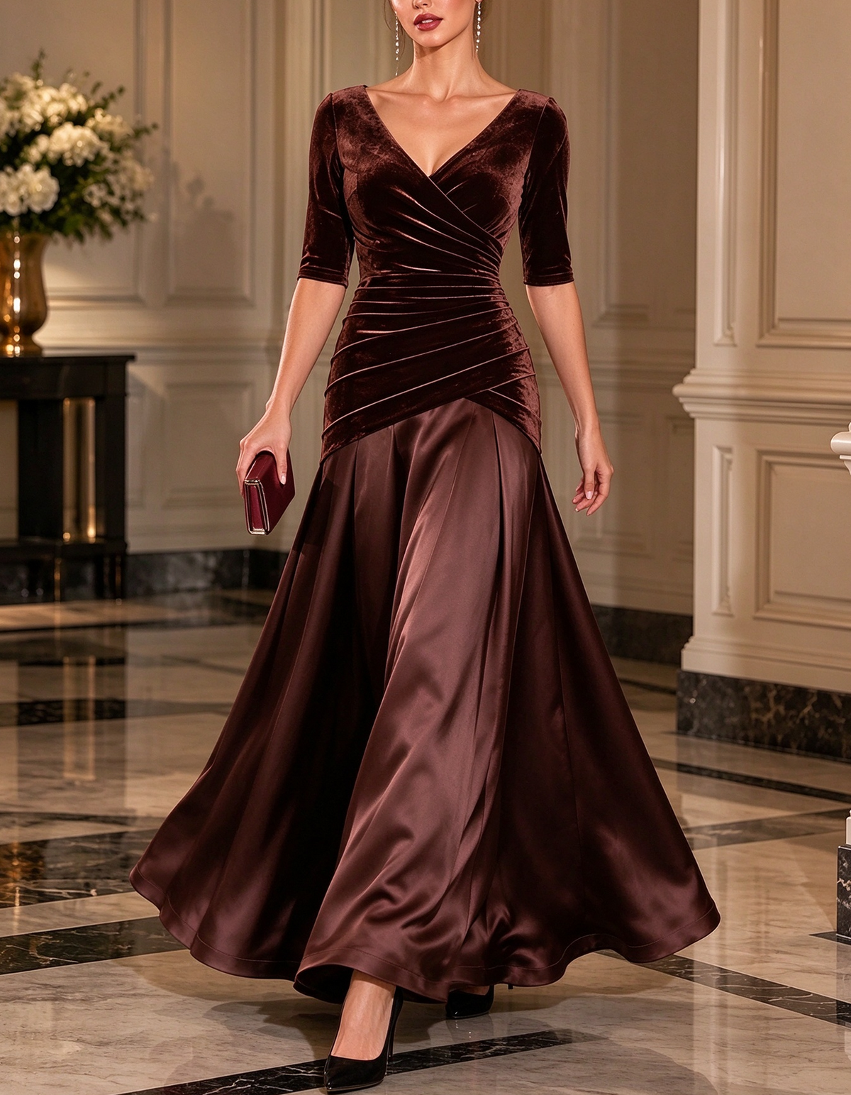 Velvet Satin Mix V-Neck Maxi Dress