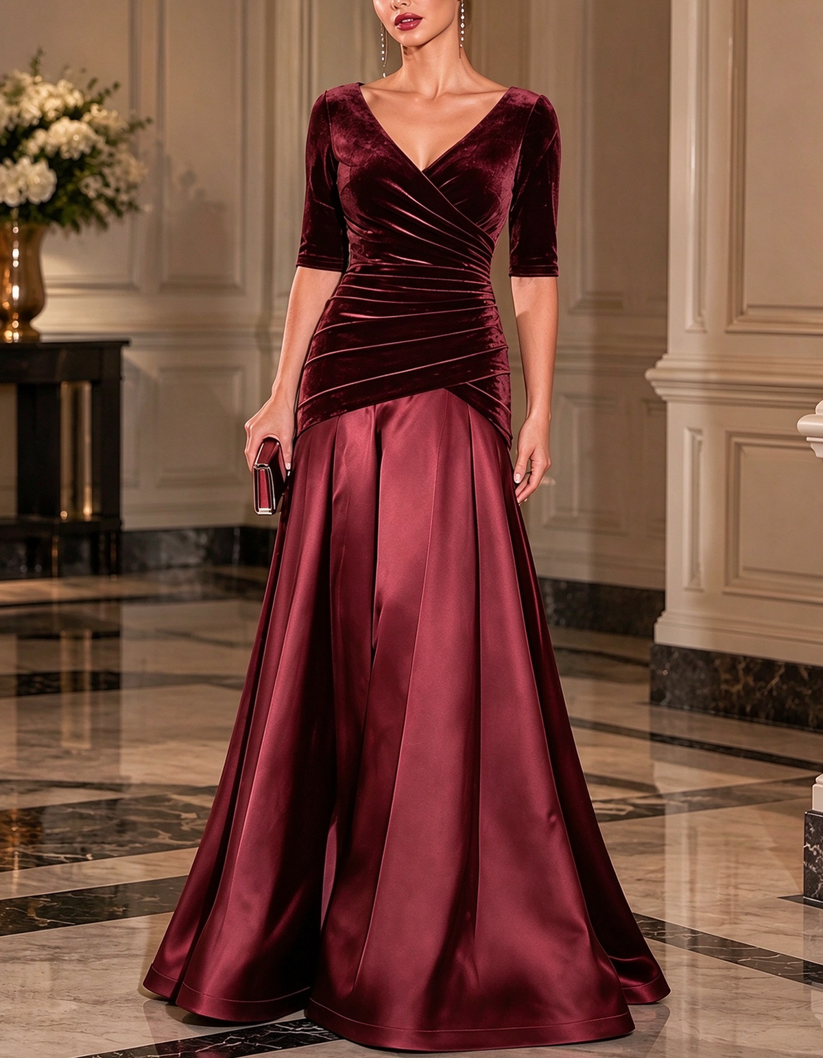 Velvet Satin Mix V-Neck Maxi Dress