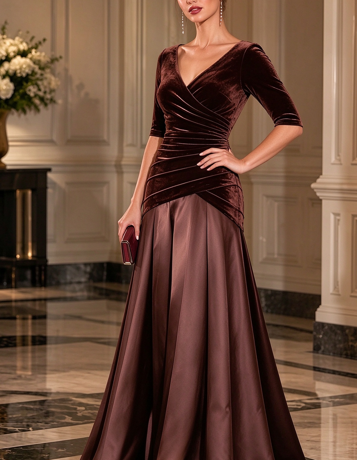 Velvet Satin Mix V-Neck Maxi Dress