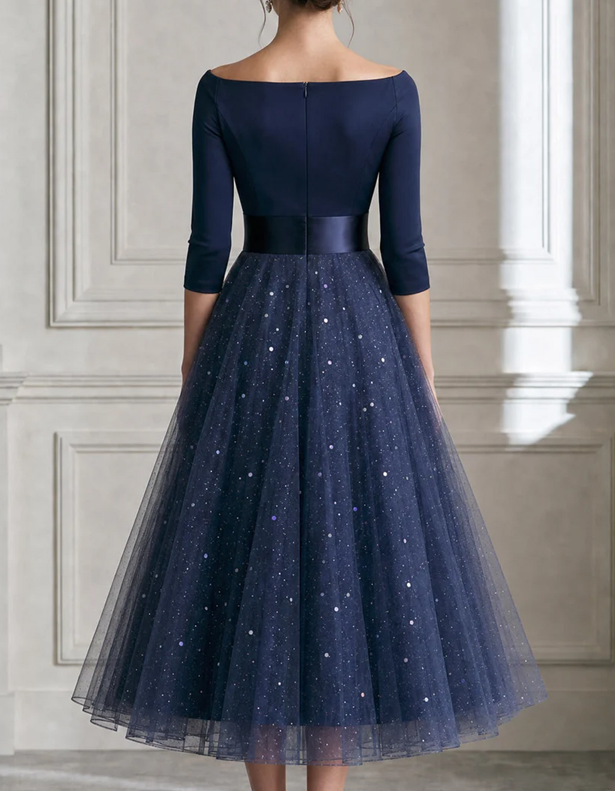 Off The Shoulder 3/4 Sleeve Satin Bodice Sequin Tulle Midi Dress