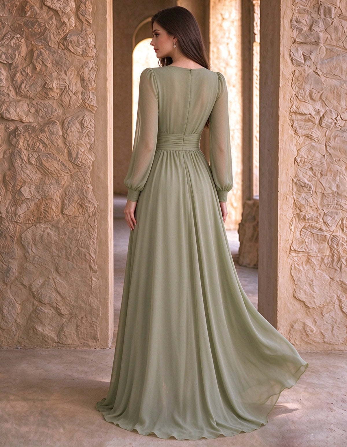 Sage Green Chiffon V-Neck With 3D Flowers Maxi Dress