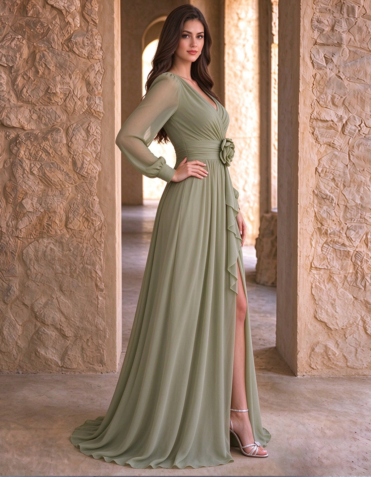 Sage Green Chiffon V-Neck With 3D Flowers Maxi Dress