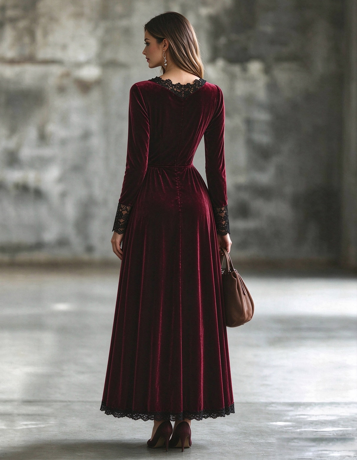 Burgundy Velvet V-Neck With Lace Detailing Maxi Dress