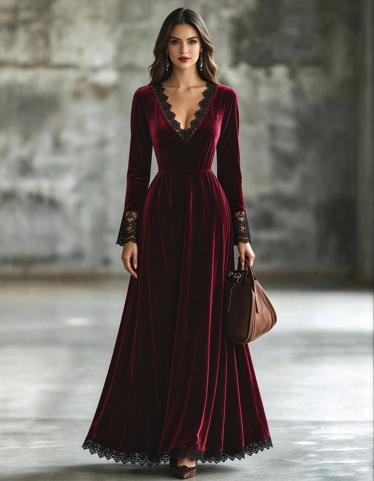 Burgundy Velvet V-Neck With Lace Detailing Maxi Dress