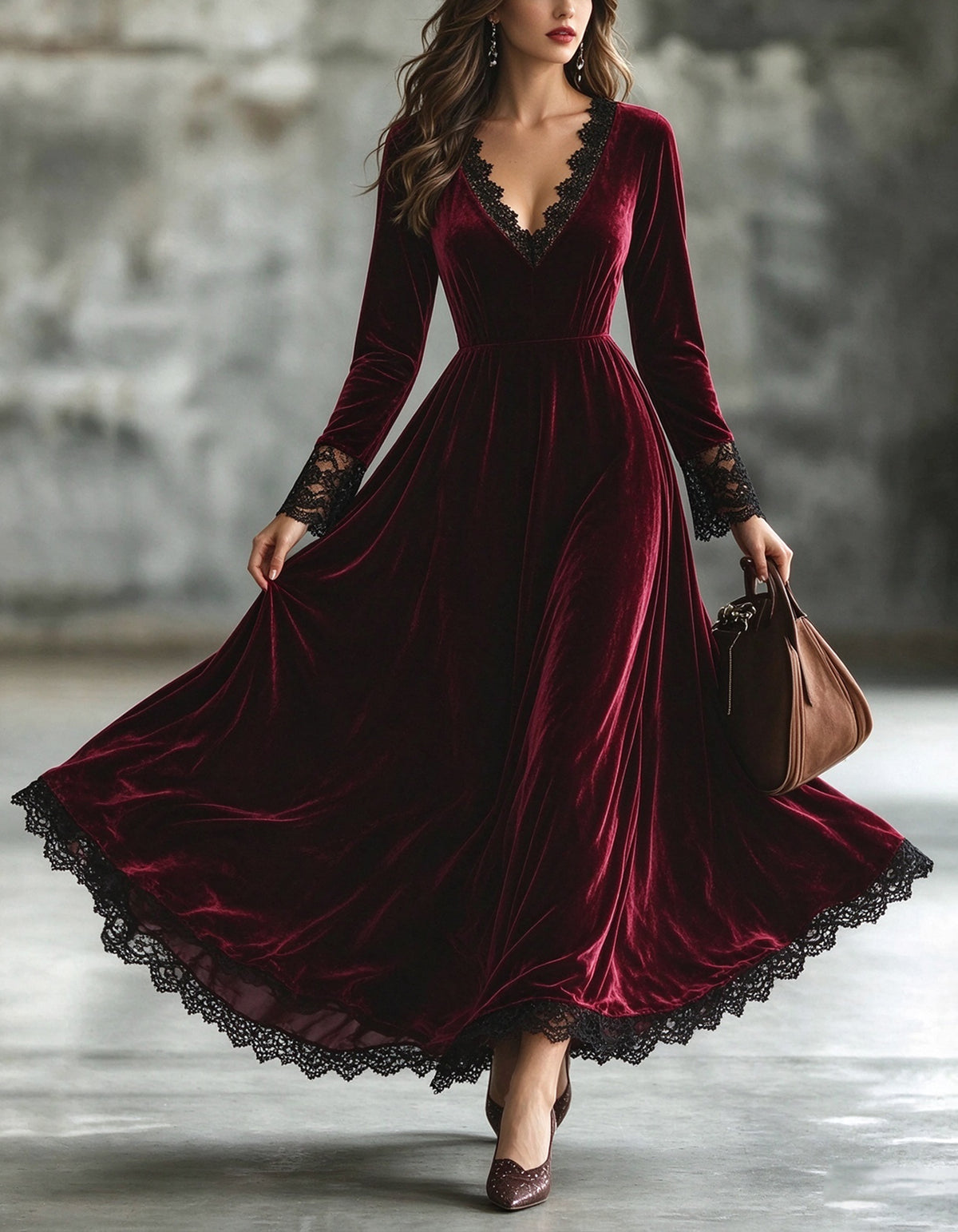 Burgundy Velvet V-Neck With Lace Detailing Maxi Dress