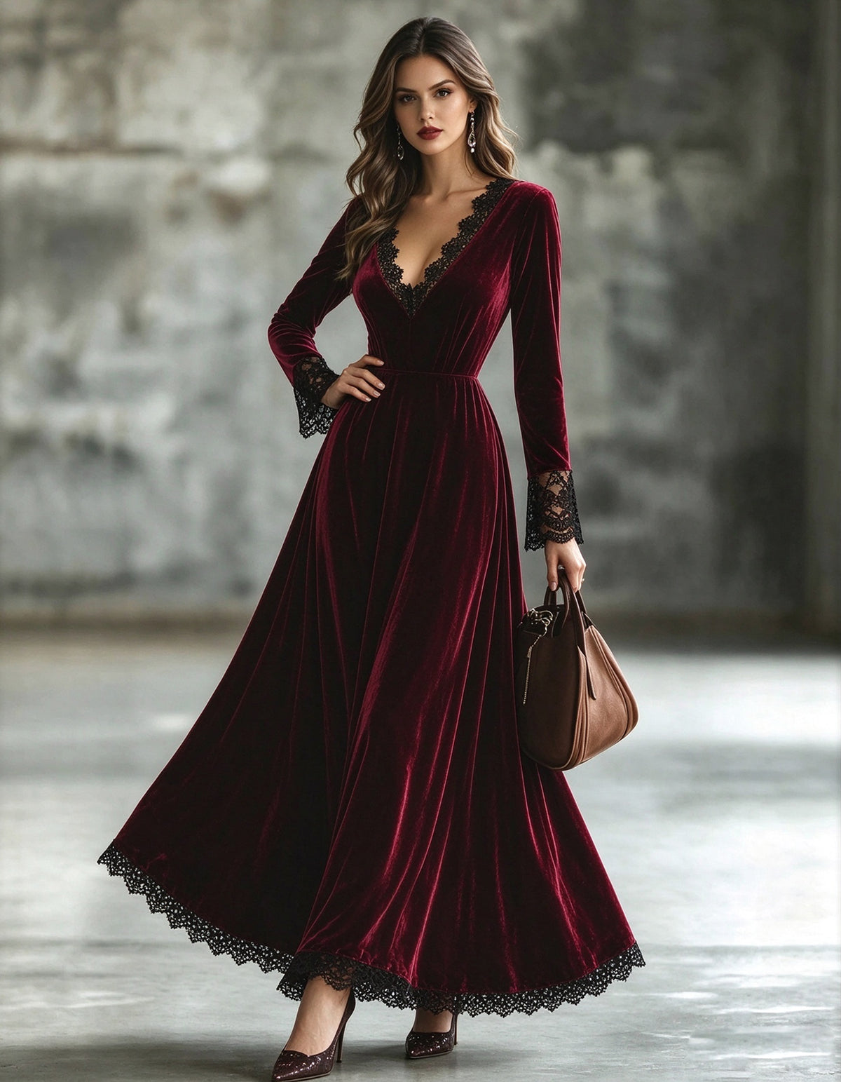Burgundy Velvet V-Neck With Lace Detailing Maxi Dress