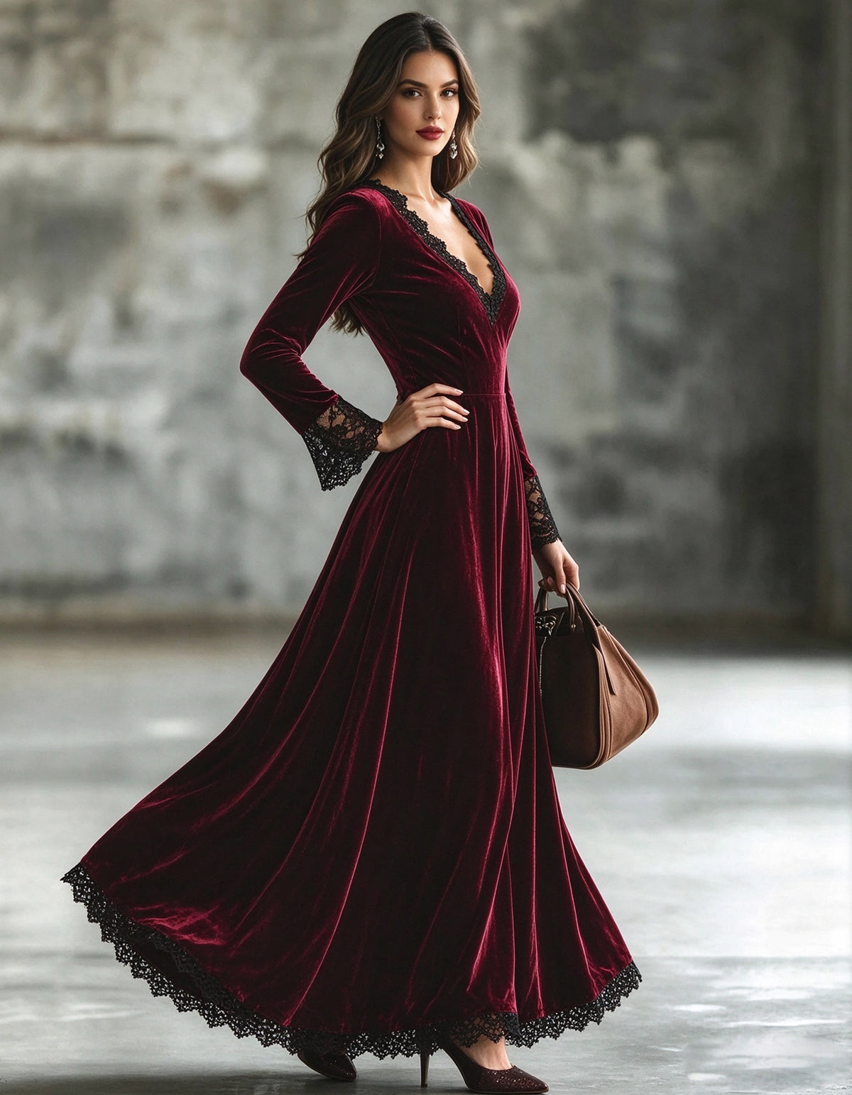 Burgundy Velvet V-Neck With Lace Detailing Maxi Dress