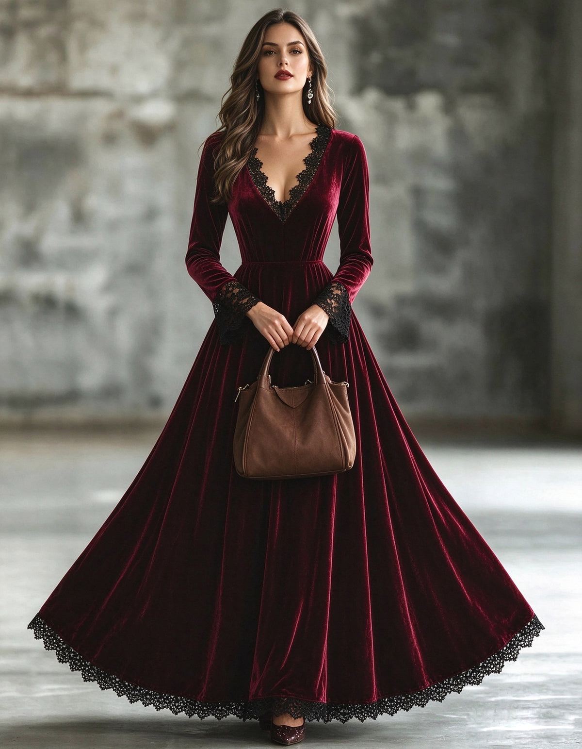 Burgundy Velvet V-Neck With Lace Detailing Maxi Dress