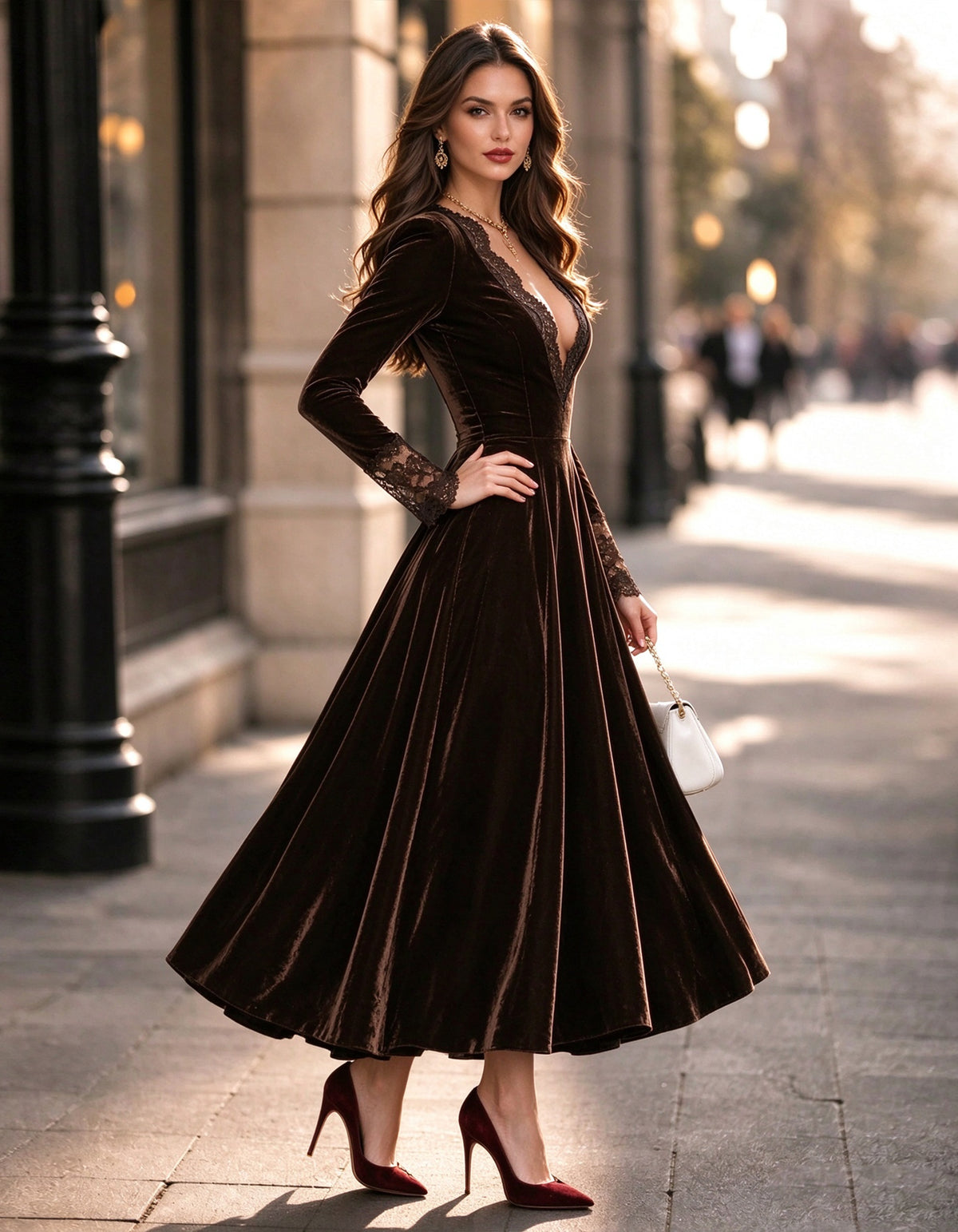 Dark Brown Velvet V-Neck With Lace Trim Midi Dress