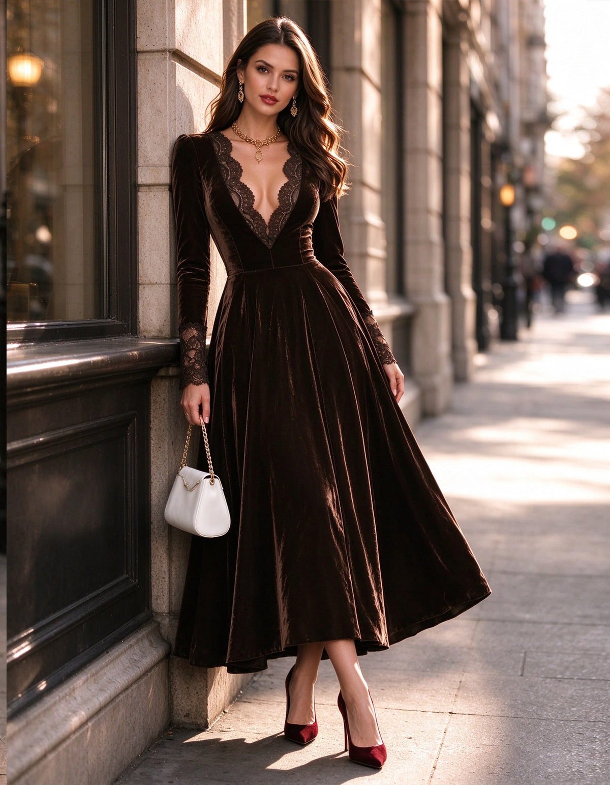 Dark Brown Velvet V-Neck With Lace Trim Midi Dress