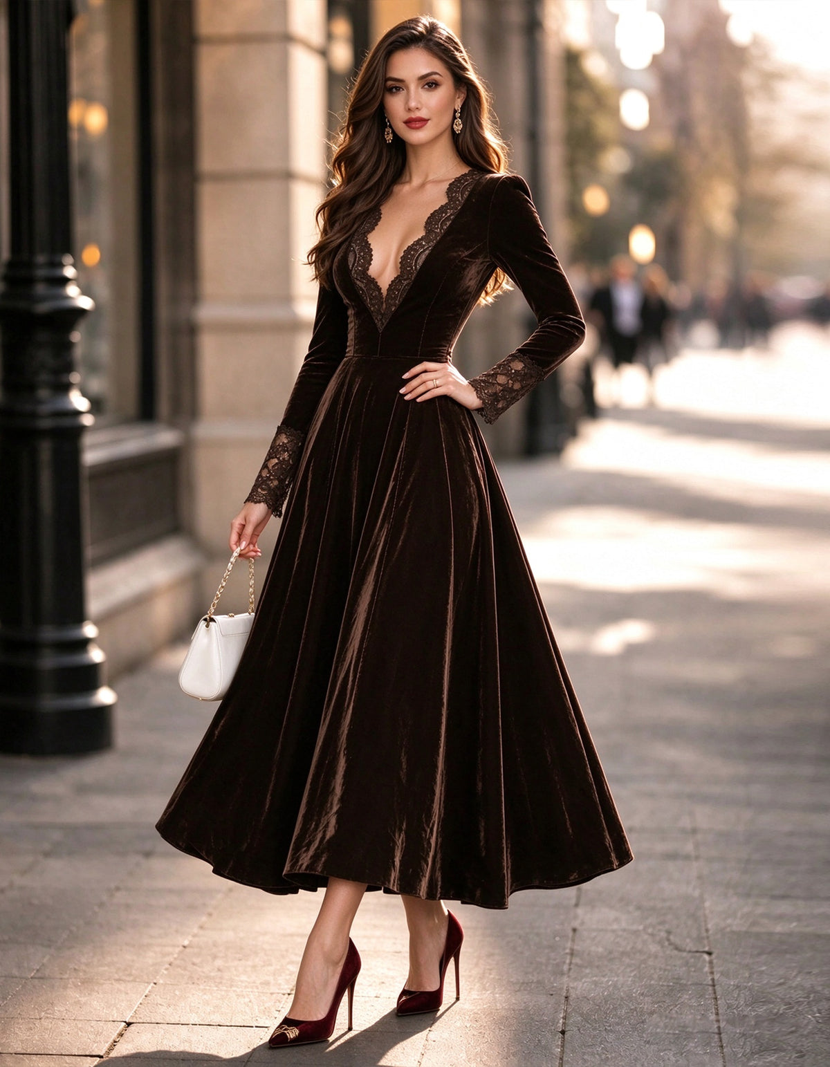 Dark Brown Velvet V-Neck With Lace Trim Midi Dress