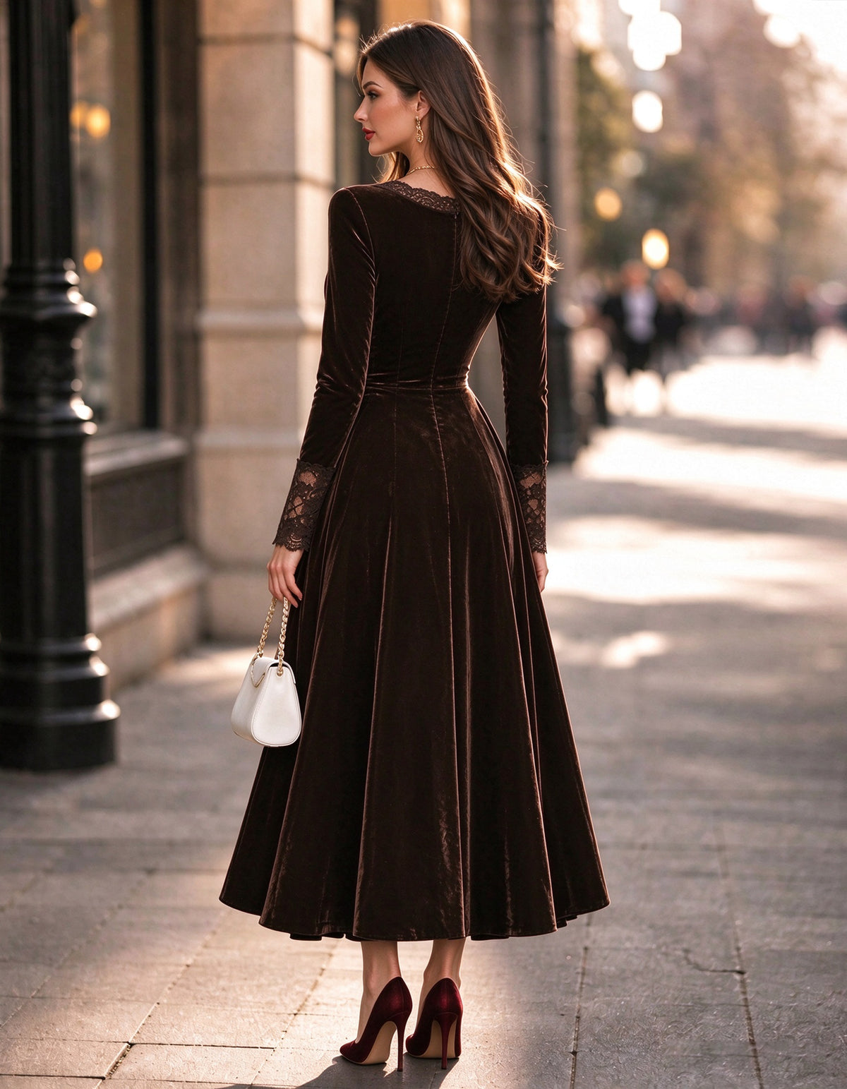 Dark Brown Velvet V-Neck With Lace Trim Midi Dress
