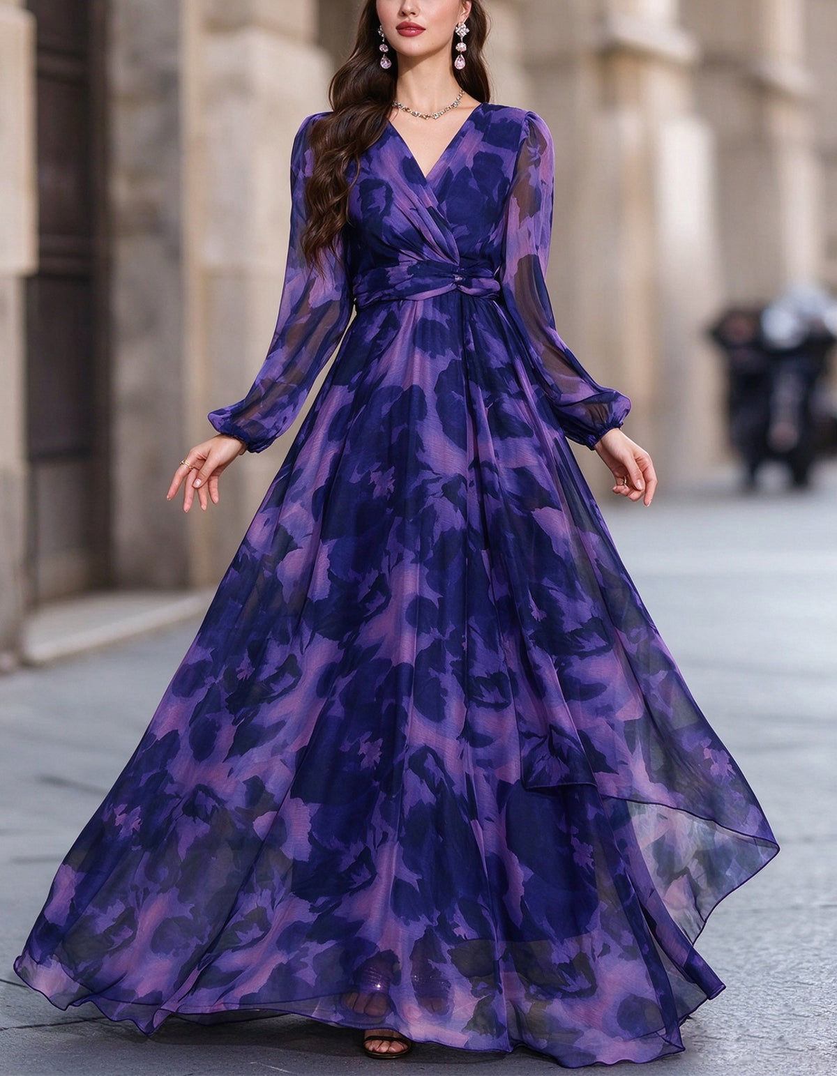 Purple Floral Chiffon V-Neck Maxi Dress