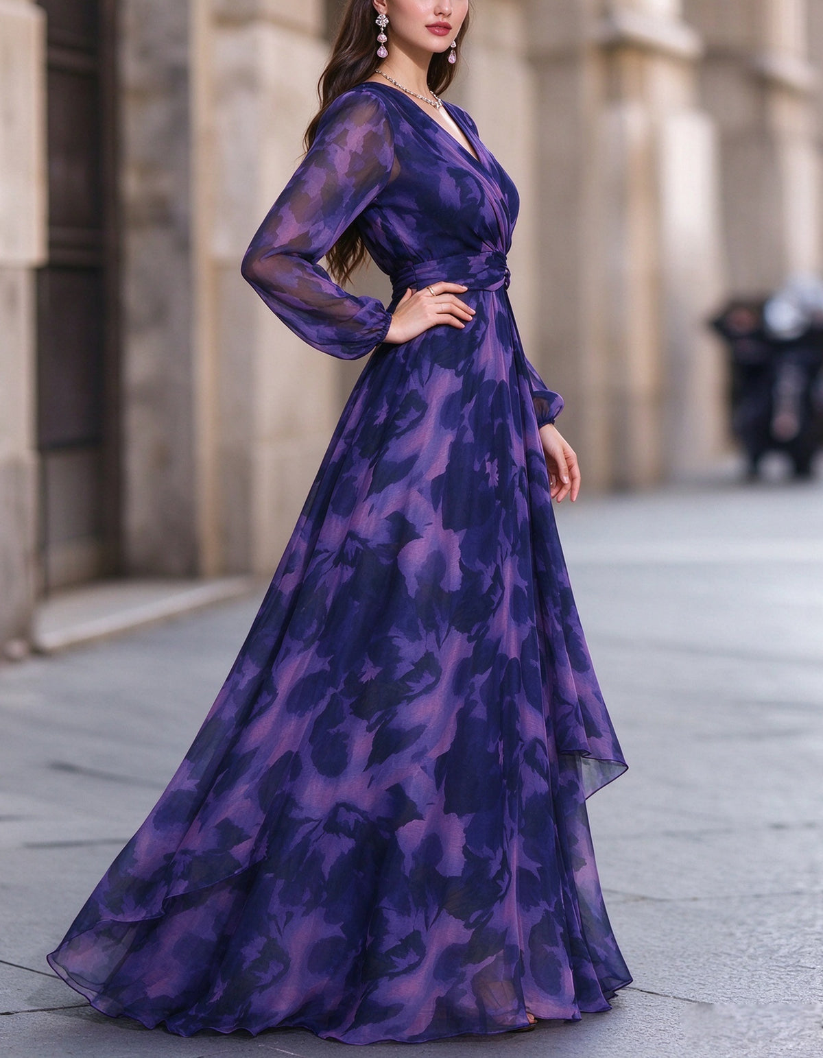 Purple Floral Chiffon V-Neck Maxi Dress