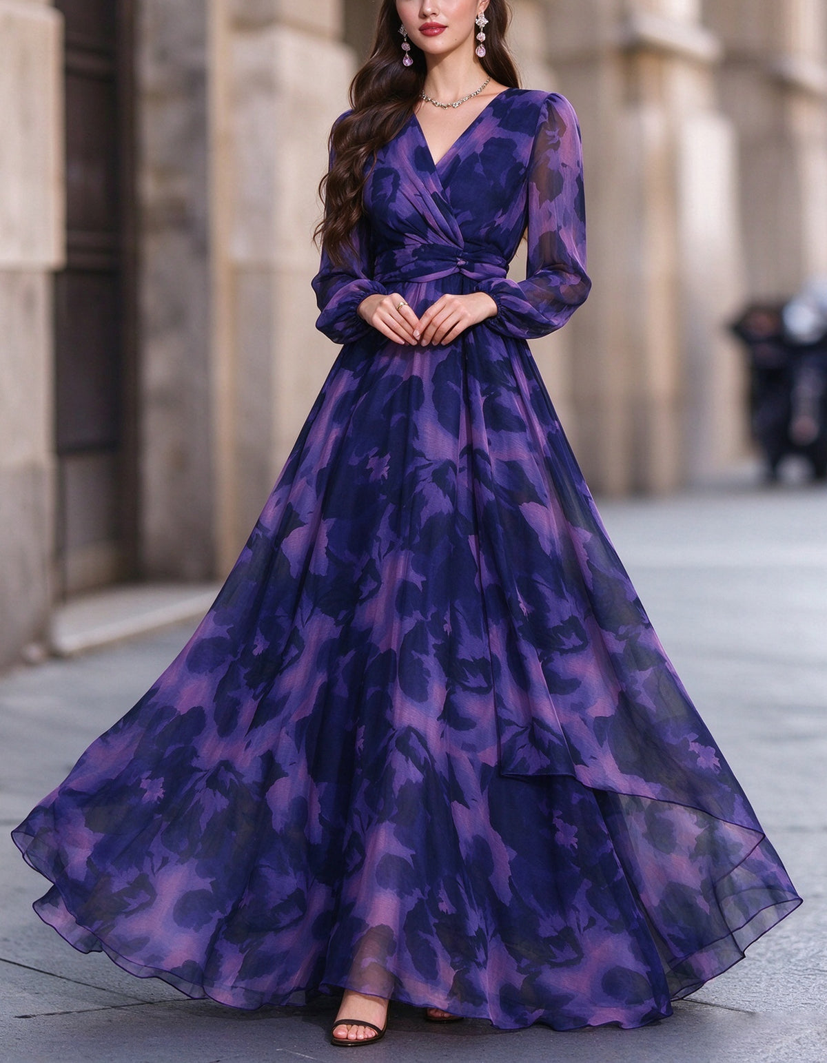 Purple Floral Chiffon V-Neck Maxi Dress